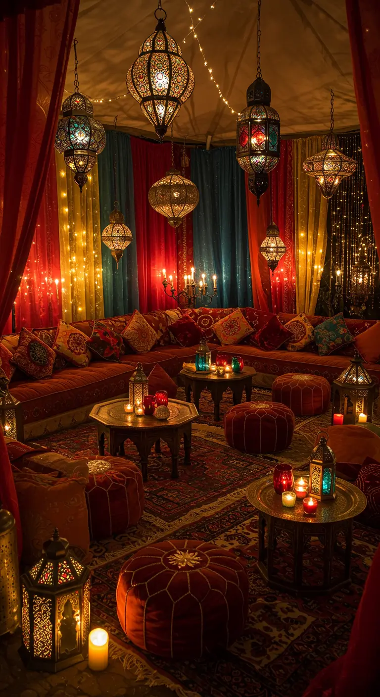 Marokkaanse lounge met kleurrijke stoffen, sierlijke lantaarns en vloerkussens.