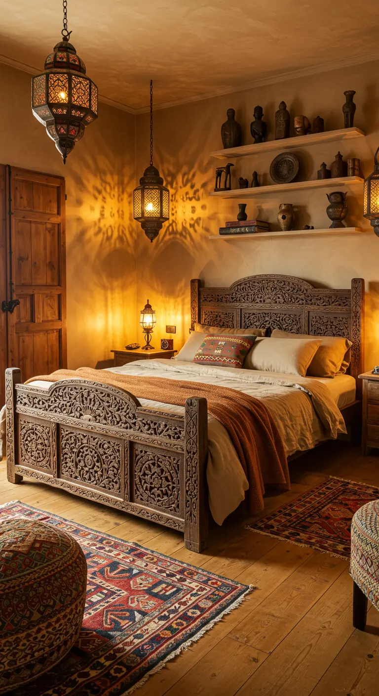 Marokkaanse slaapkamer met warme beige muren, bewerkt houten bed, Marokkaanse lampen en kleurrijke tapijten.