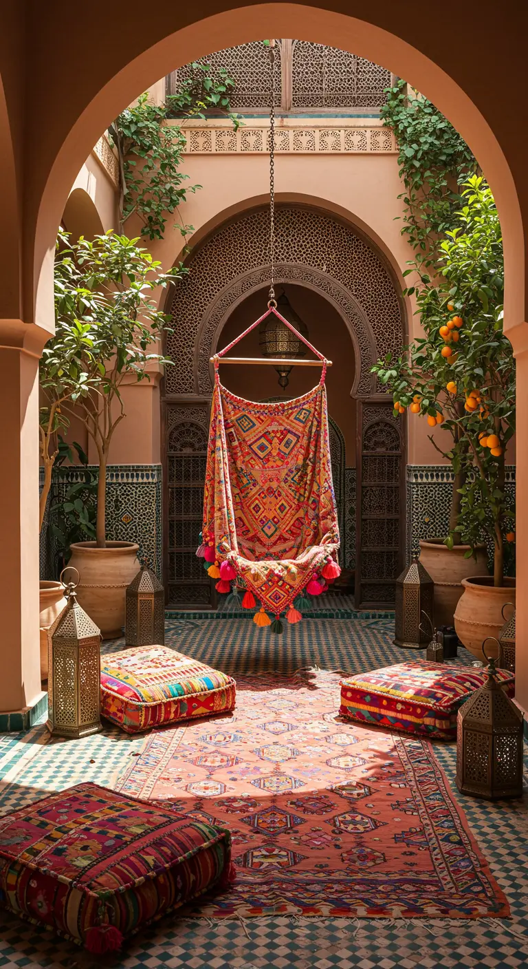 Kleurrijke Marokkaanse hangstoel in een riad-stijl patio met Perzisch tapijt en lantaarns.