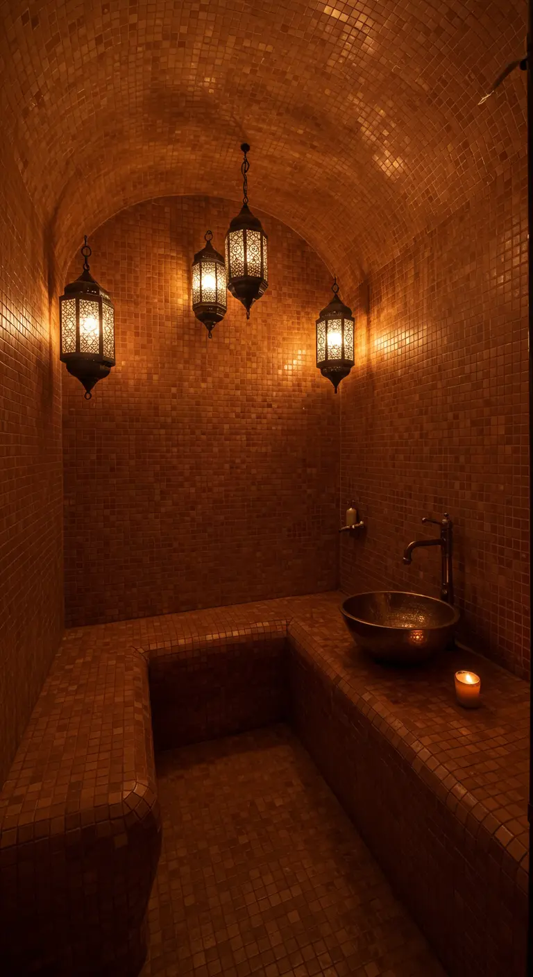 Marokkaanse badkamer met terracotta mozaïektegels, oosterse lampen, koperen waskom.