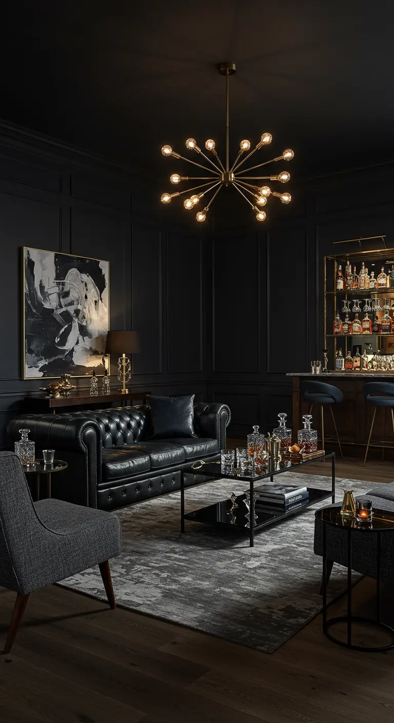 Donkere, luxe woonkamer met zwarte leren Chesterfield, bar en gouden accenten.