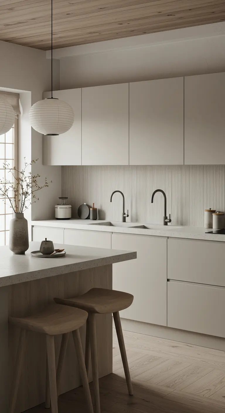 Lichte, matte greige keuken in Japandi-stijl met houten krukken.