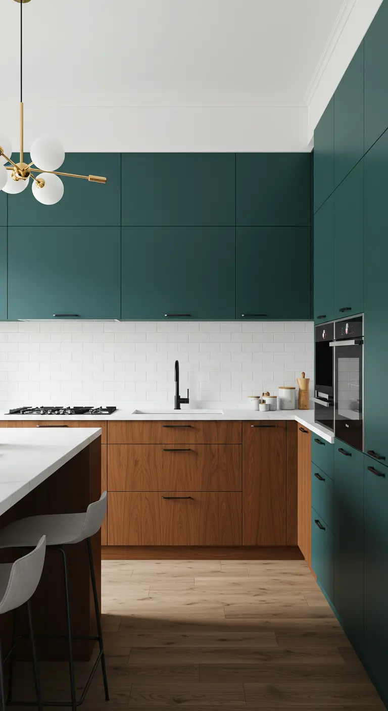 Keuken met matte petrol bovenkasten en matte houten onderkasten.