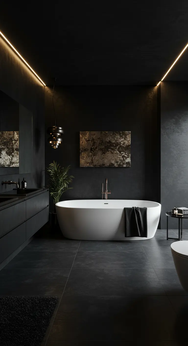 Luxe badkamer met matzwarte muren, indirecte verlichting en wit vrijstaand bad.