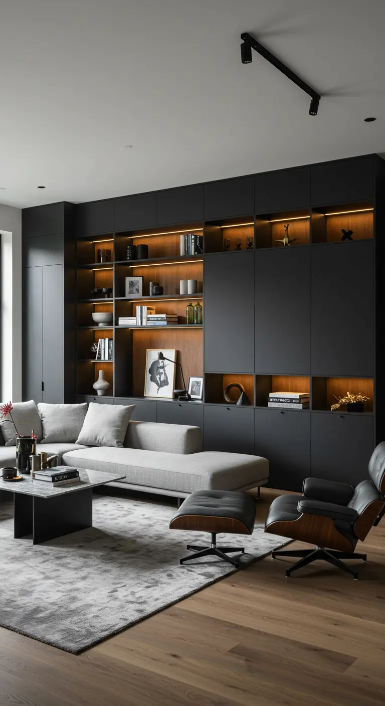 Moderne woonkamer met een volledige matzwarte kastenwand met verlichte nissen.