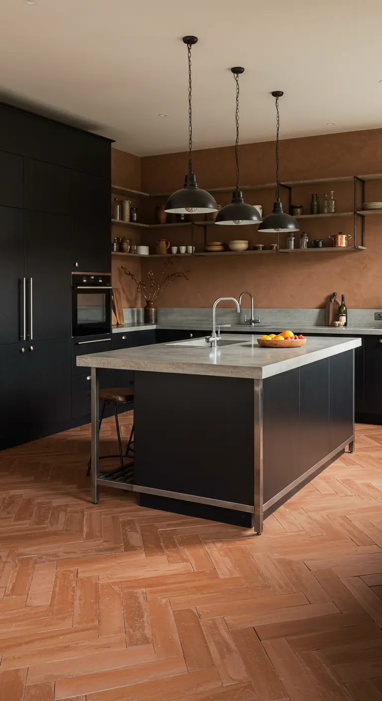 Industriële keuken met matzwarte kasten, terracotta muur en visgraat tegelvloer.