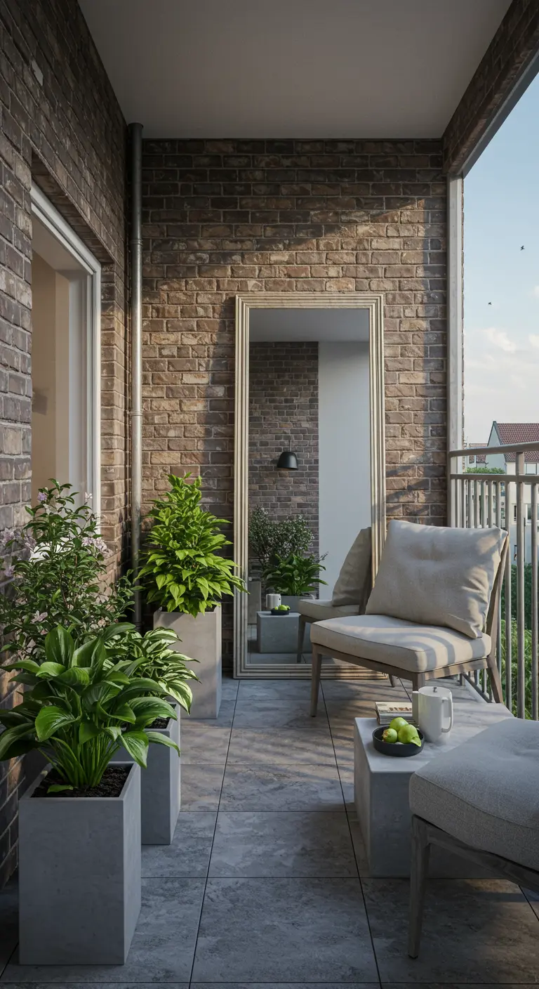 Modern balkon met bakstenen muur, hoge spiegel, loungestoel en planten in potten.