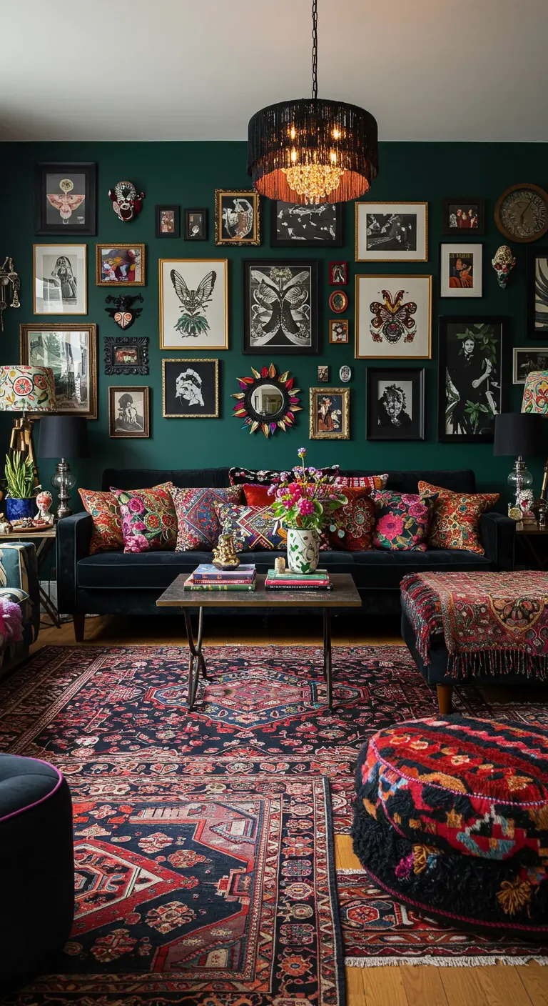 Woonkamer met donkergroene muur, zwarte bank, overvolle galerijmuur en kleurrijke kussens.
