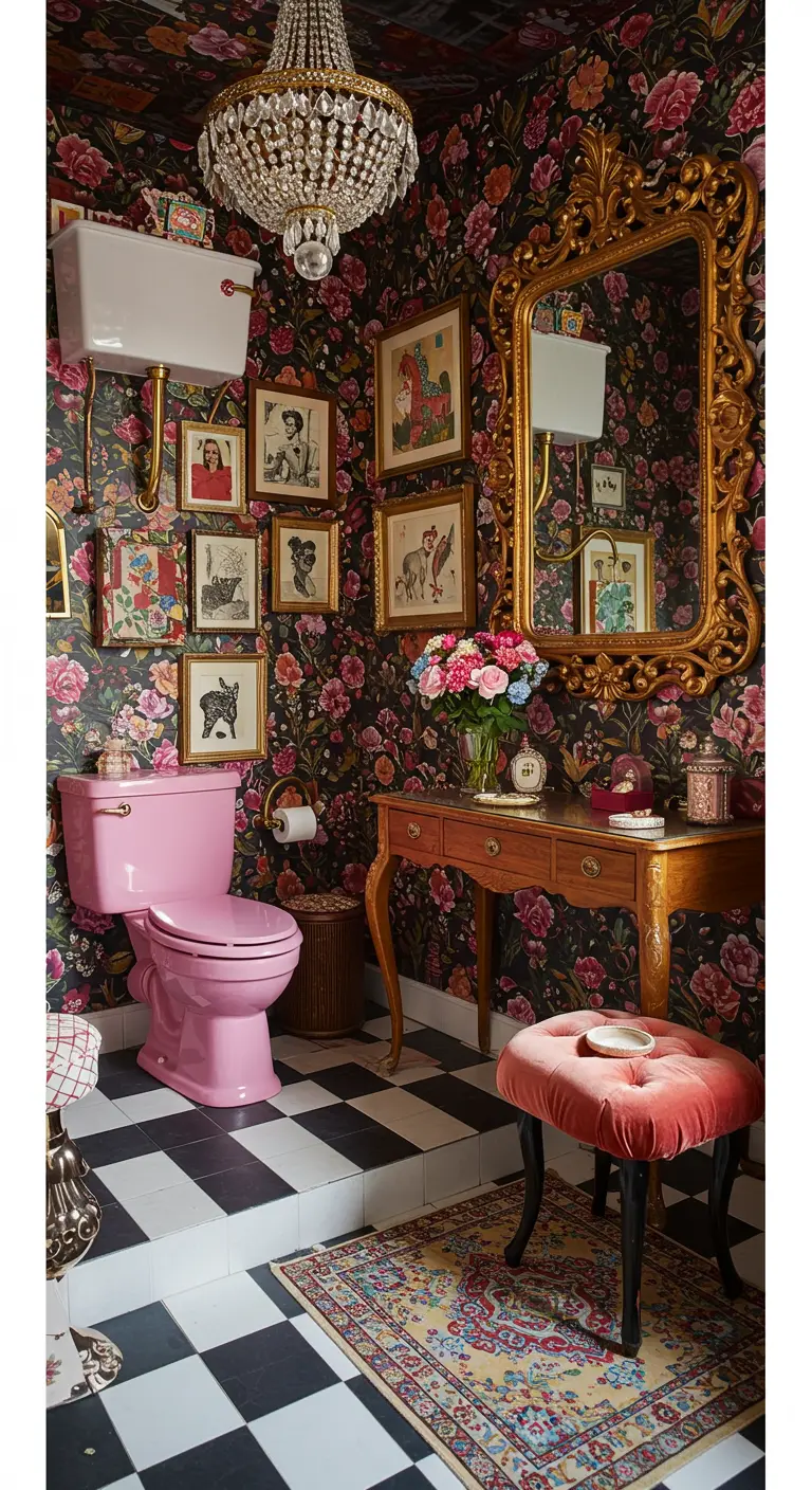 Maximalistische badkamer met roze toilet, bloemenbehang en gouden spiegel.