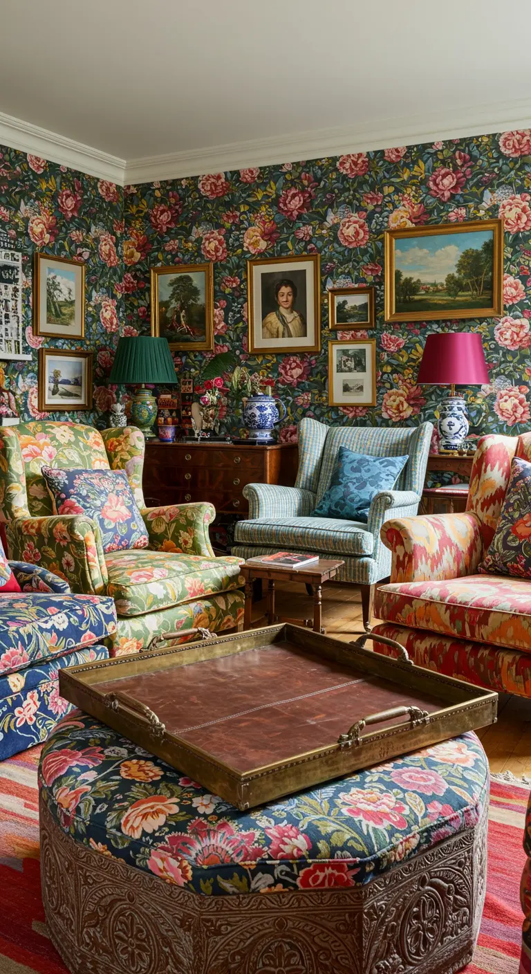 Maximalistische woonkamer met bloemenbehang, diverse fauteuils met patronen en een leren dienblad op een poef.
