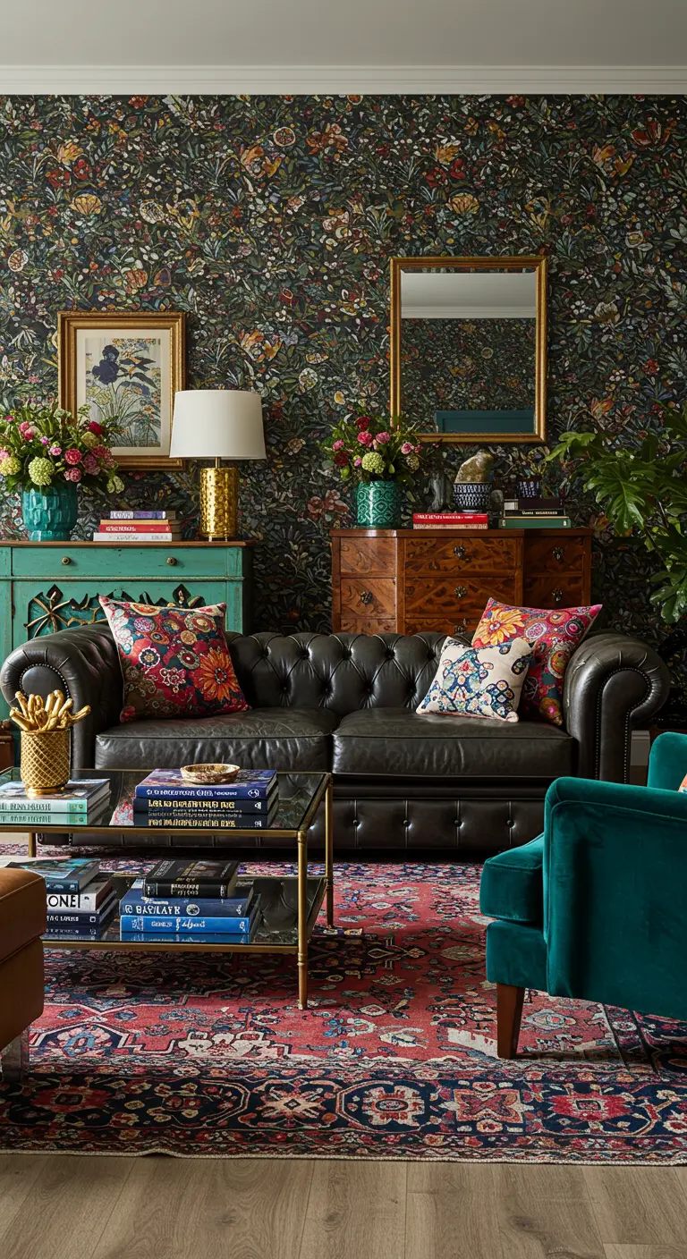 Maximalistische woonkamer met donker bloemenbehang, een chesterfield en kleurrijke meubels.