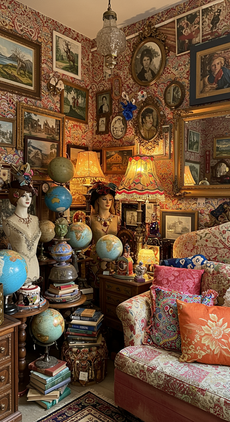 Maximalistische slaapkamerhoek vol met vintage vondsten, wereldbollen en ingelijste kunst.