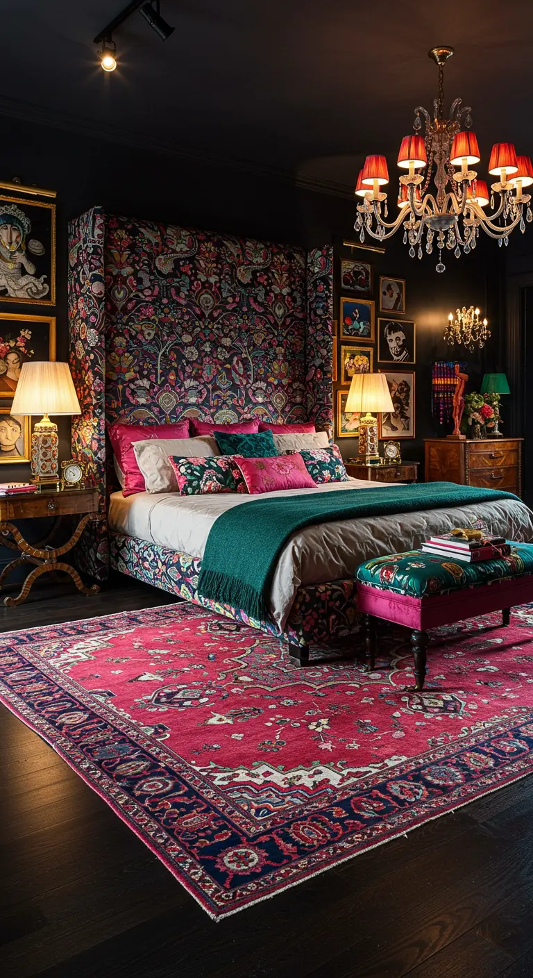 Maximalistische donkere slaapkamer met een groot, rood en blauw Perzisch vloerkleed.