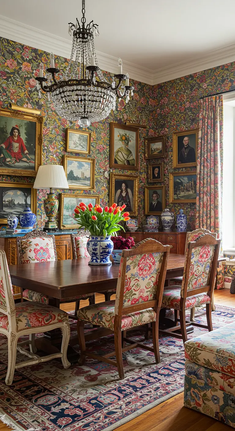 Maximalistische eethoek met bloemenbehang en een volle gallery wall met diverse schilderijen.