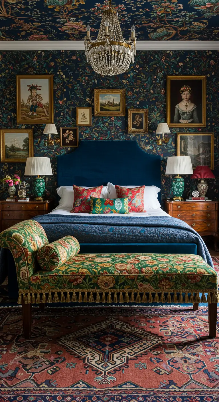 Maximalistische slaapkamer met druk bloemenbehang, veel kunst en een bankje met botanische print.