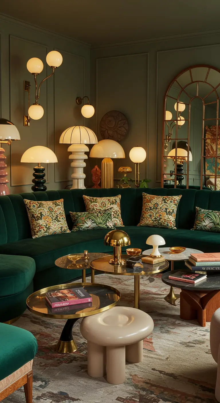 Eclectische woonkamer met een groene gebogen bank en veel lampen met ronde vormen.