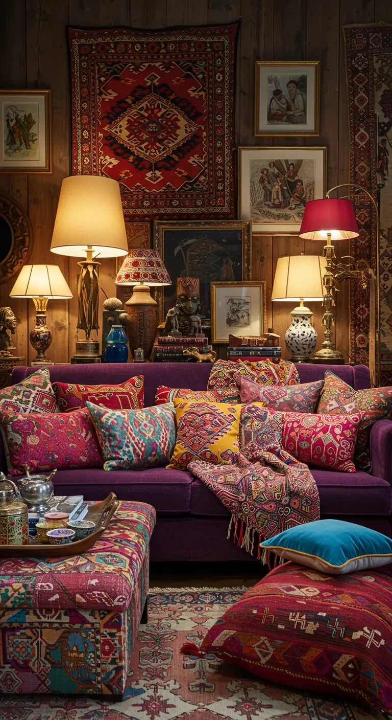 Paarse bank vol met kleurrijke, eclectische kussens in een druk patroonrijke woonkamer.