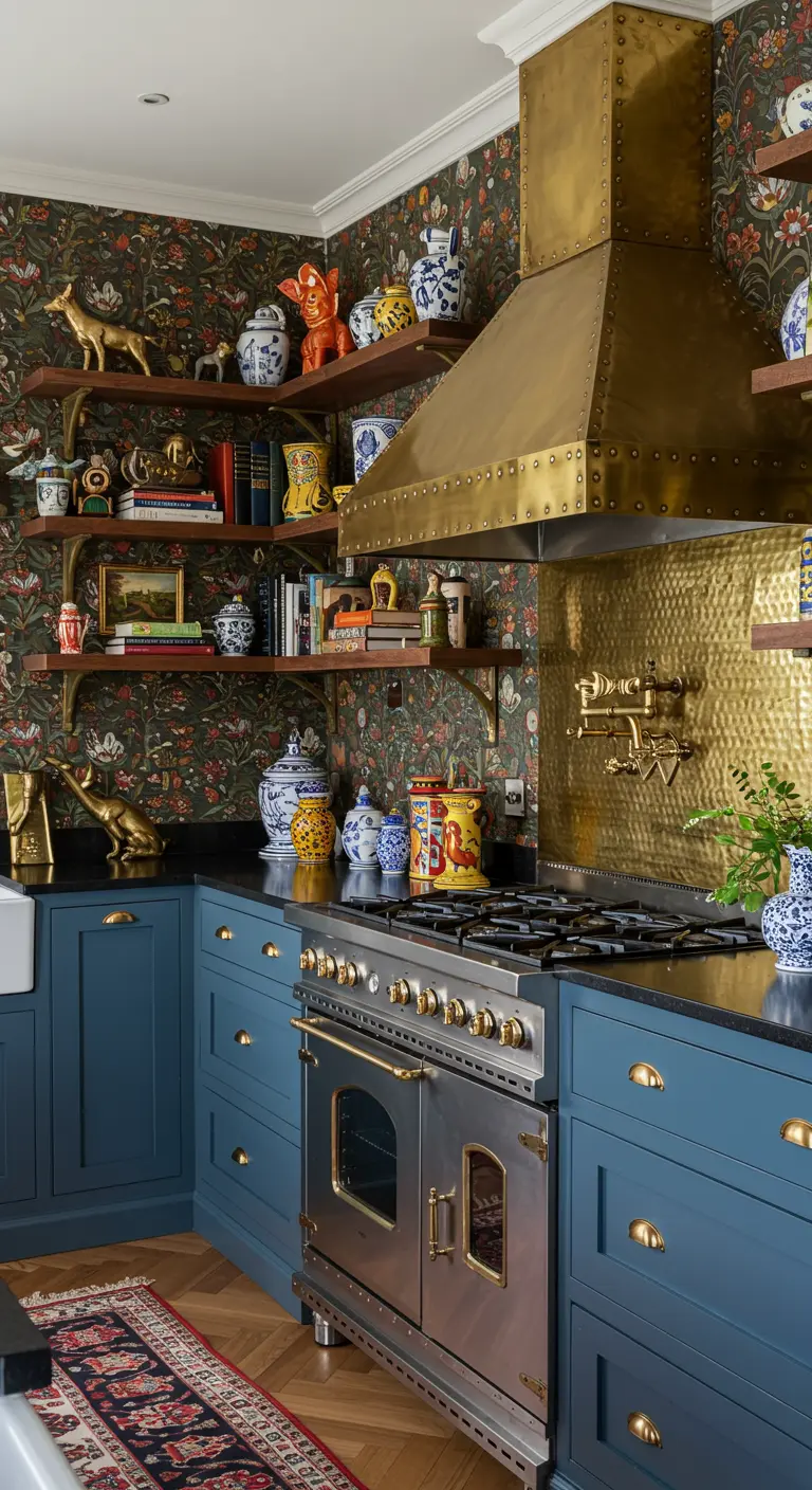 Kleurrijke, maximalistische keuken met blauwe kasten, behang, messing afzuigkap en potfiller.