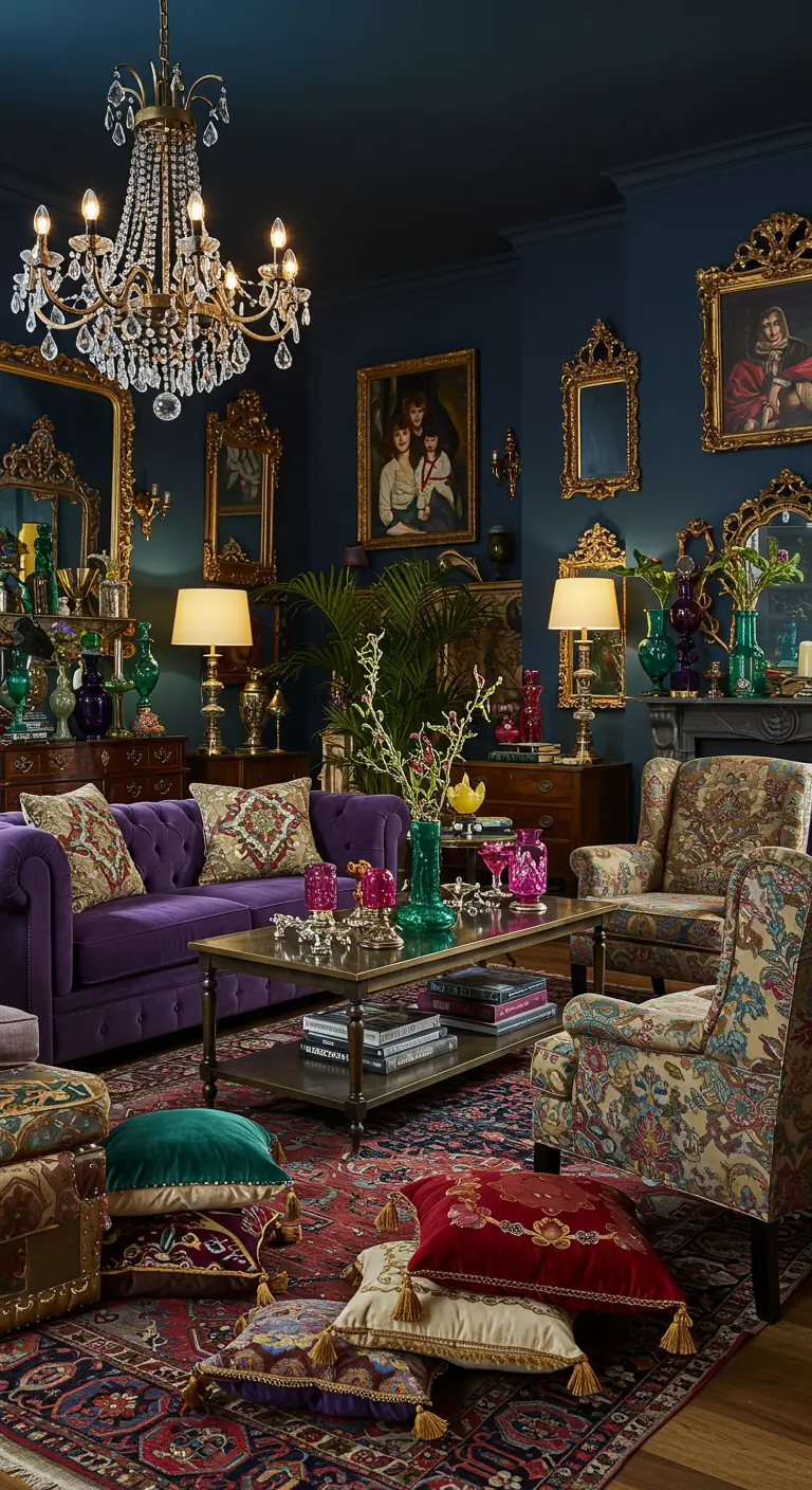 Maximalistische boho woonkamer met paarse bank, gouden spiegels en veel patronen.