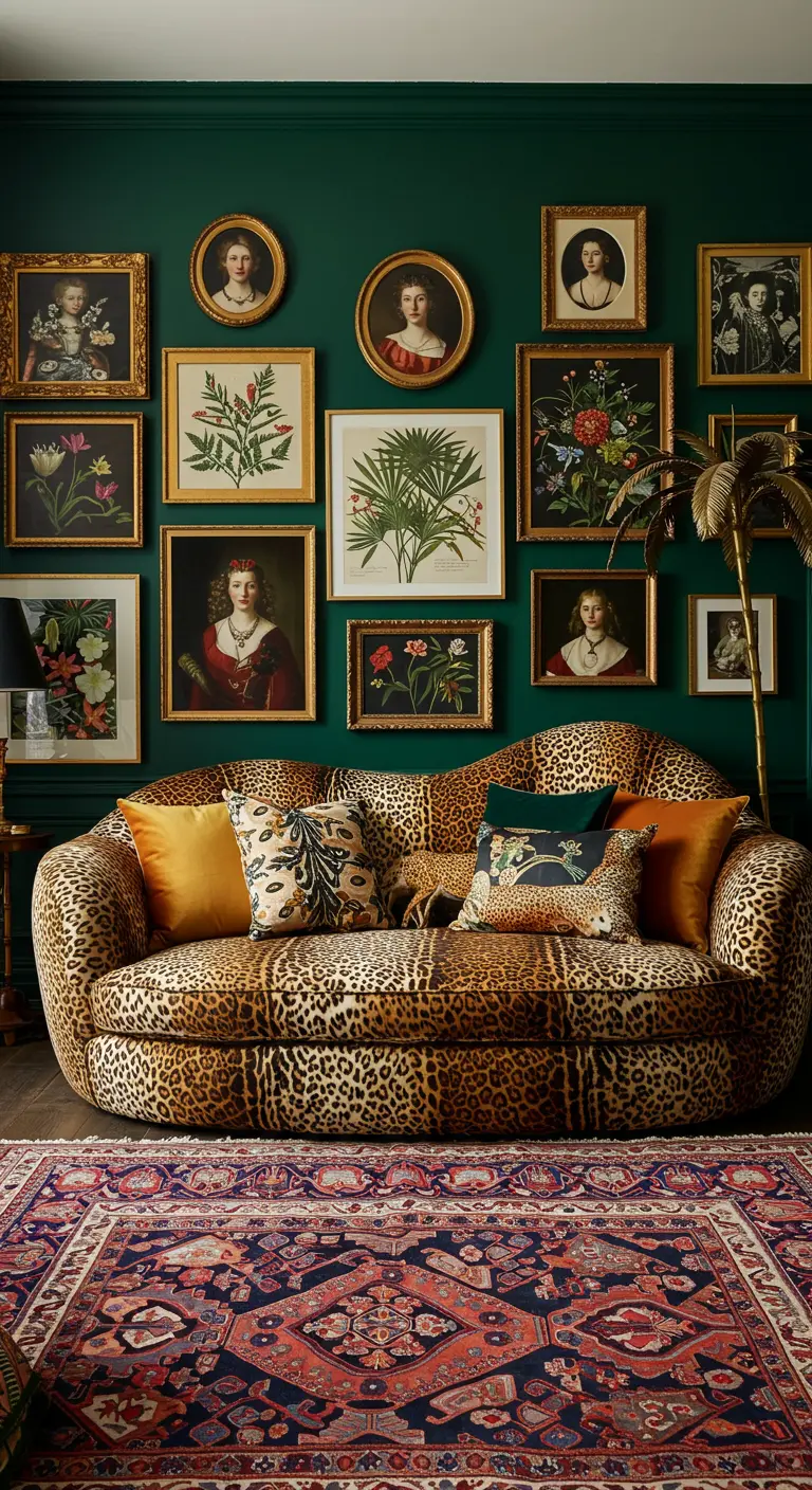 Luipaardprint sofa, kleurrijke kussens, donkergroene muur met gallery wall van portretten.