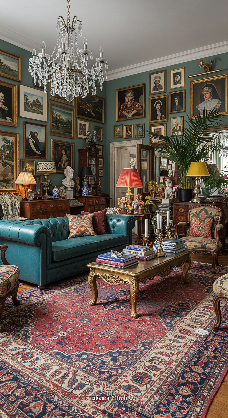 Maximalistische woonkamer vol kunst, met een groot, kleurrijk Perzisch tapijt.