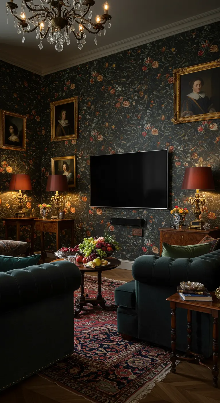 Maximalistische TV-hoek met donker bloemenbehang, portretten en fluweel.