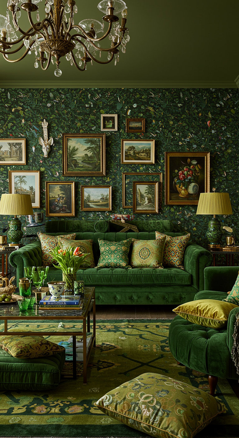 Maximalistische woonkamer met olijfgroene bank, druk behang en veel kunst.