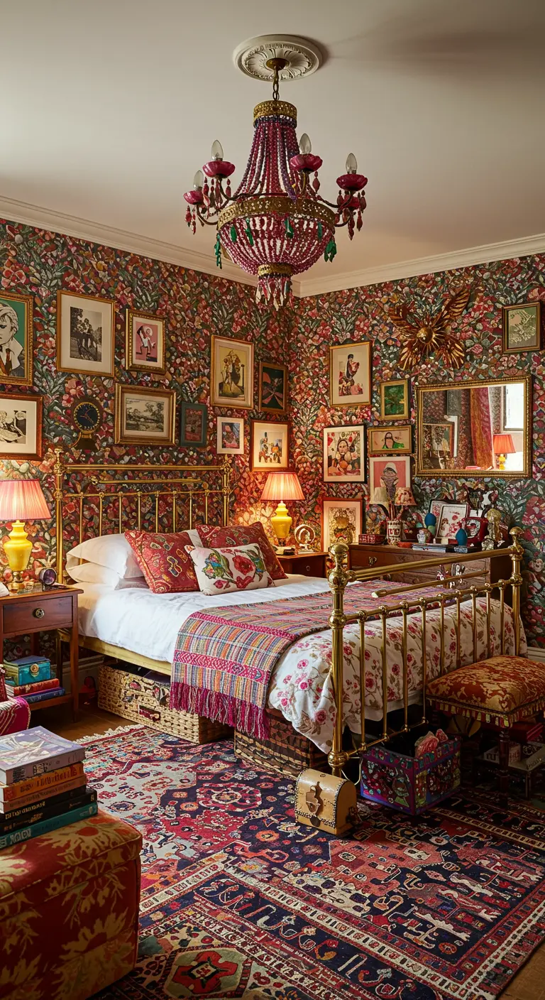 Eclectische, maximalistische slaapkamer met een messing bed in het midden, omringd door veel kleur en patronen.