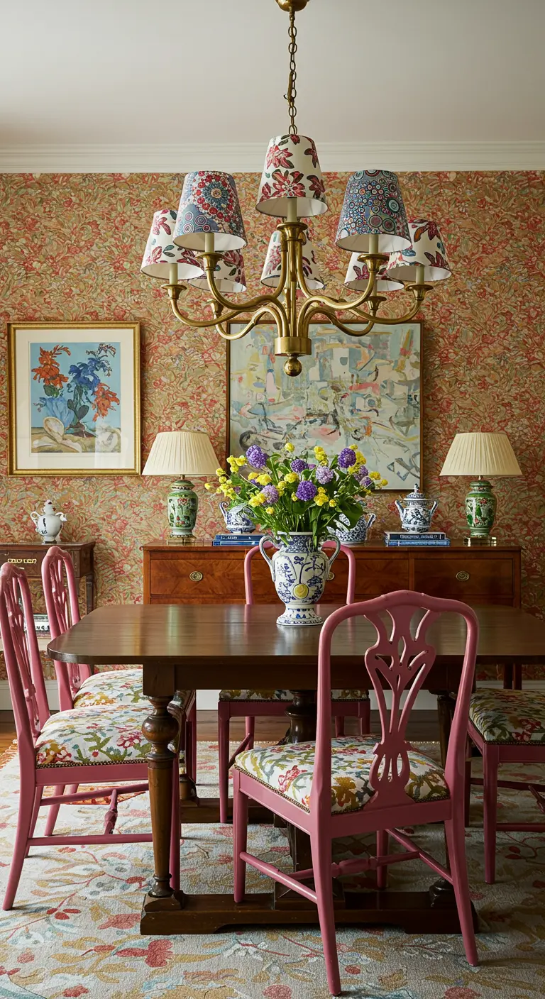 Klassieke kroonluchter met lampenkappen in diverse bloemenprints in een kleurrijke, eclectische eetkamer.
