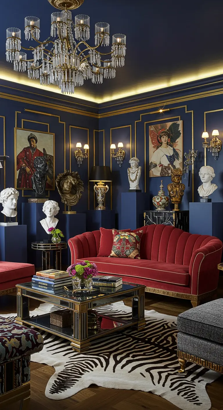 Maximalistische woonkamer met donkerblauwe muren, gouden accenten, rode bank en een dierenprint kleed.
