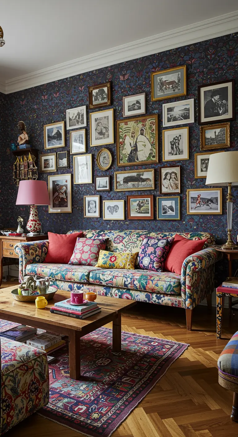 Maximalistische zithoek met een gebloemde bank en een drukke gallery wall.