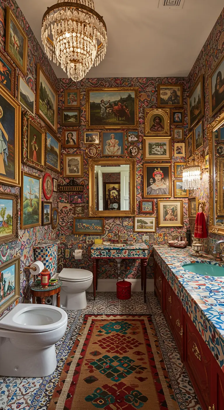 Maximalistische badkamer vol met diverse schilderijen en kunstwerken die alle muren bedekken.