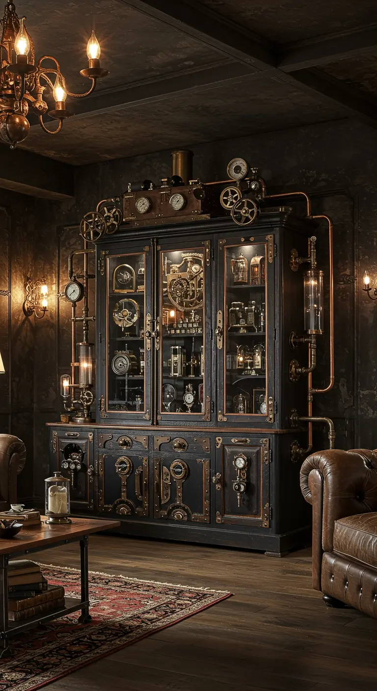 Donkere woonkamer met een indrukwekkende steampunk kast vol mechanische details en curiosa.