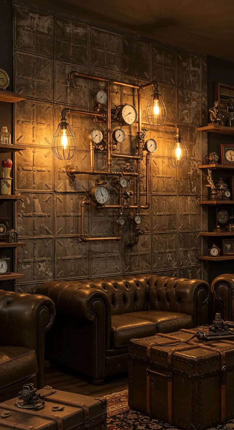 Steampunk interieur met een wandlamp gemaakt van koperen buizen en meters.