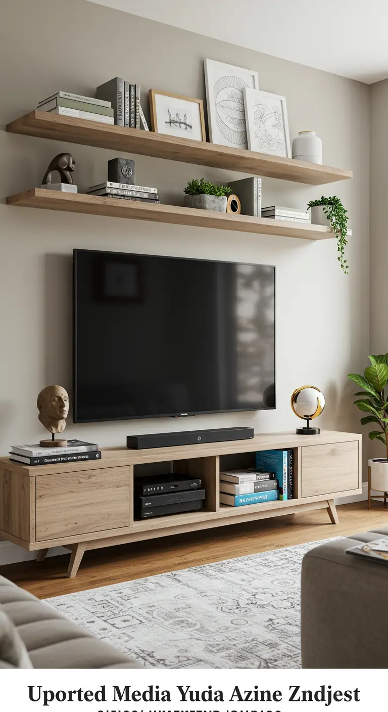 TV-opstelling met aan muur gemonteerde tv, licht houten meubel en zwevende planken erboven.