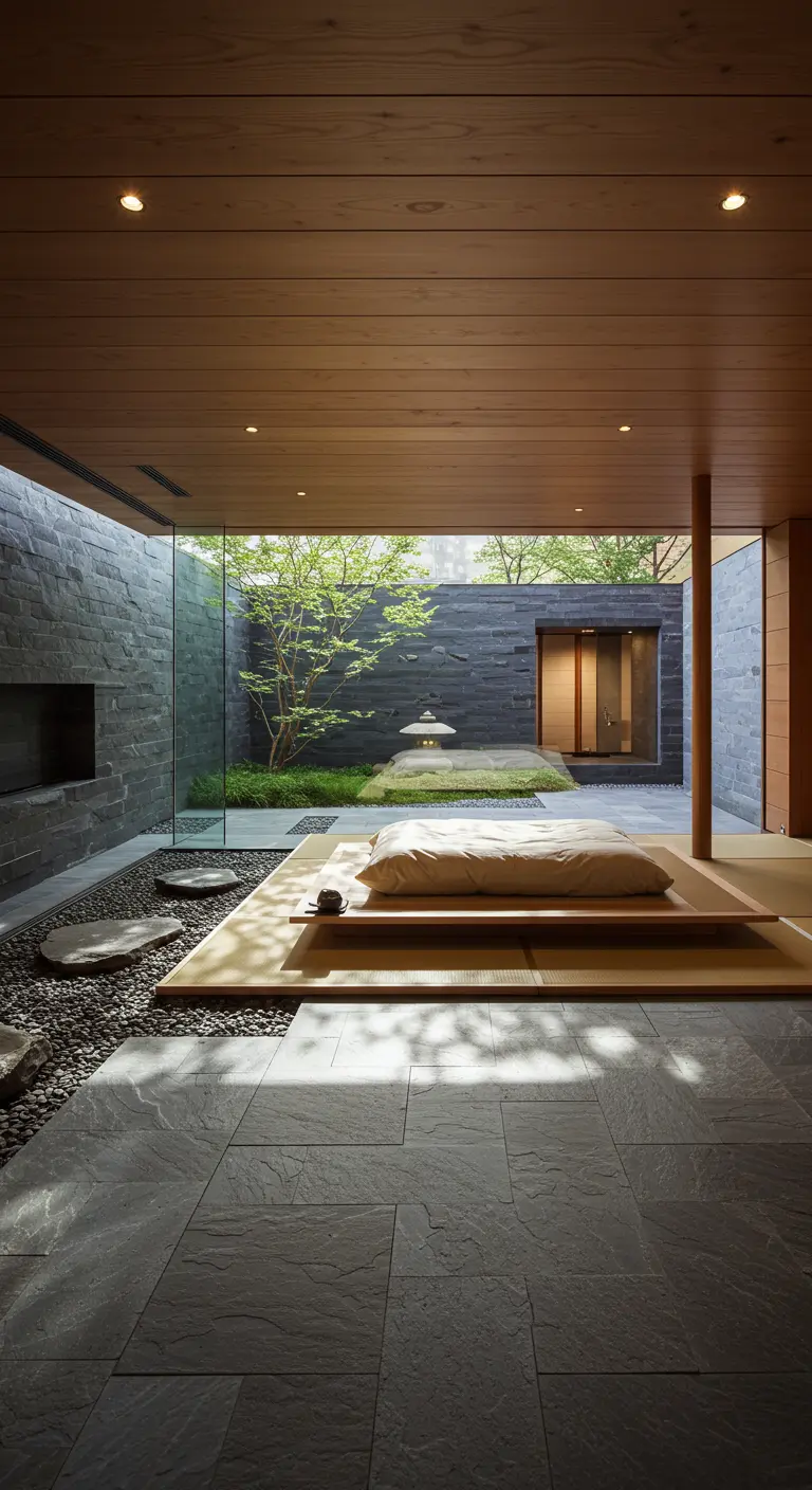 Japandi slaapkamer met futon op houten platform, glazen wand naar zen binnentuin met rotsen.