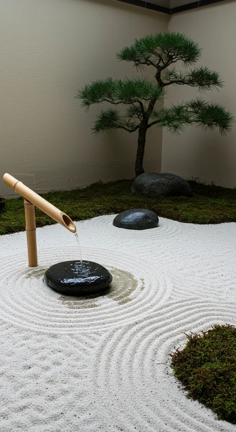 Minimalistische Japanse zentuin met bamboe waterloop en geharkt grind.
