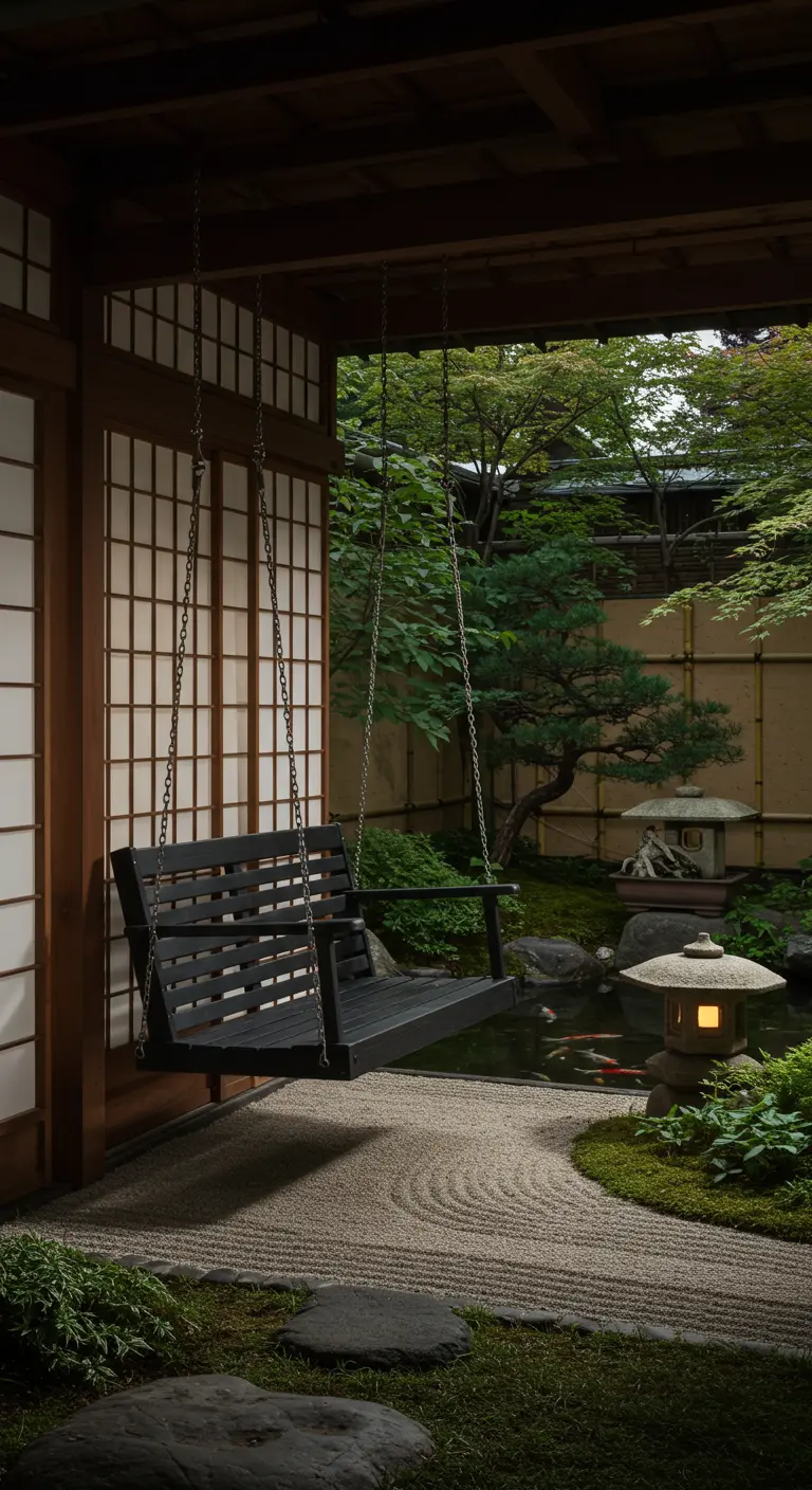 Zwarte houten schommelbank in Japanse tuin met vijver en lantaarn.