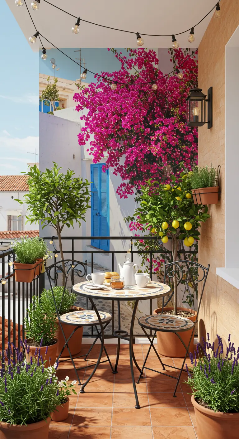 Balkon met buitenbehang van roze bougainvillea, smeedijzeren tafelset en citrusplanten.