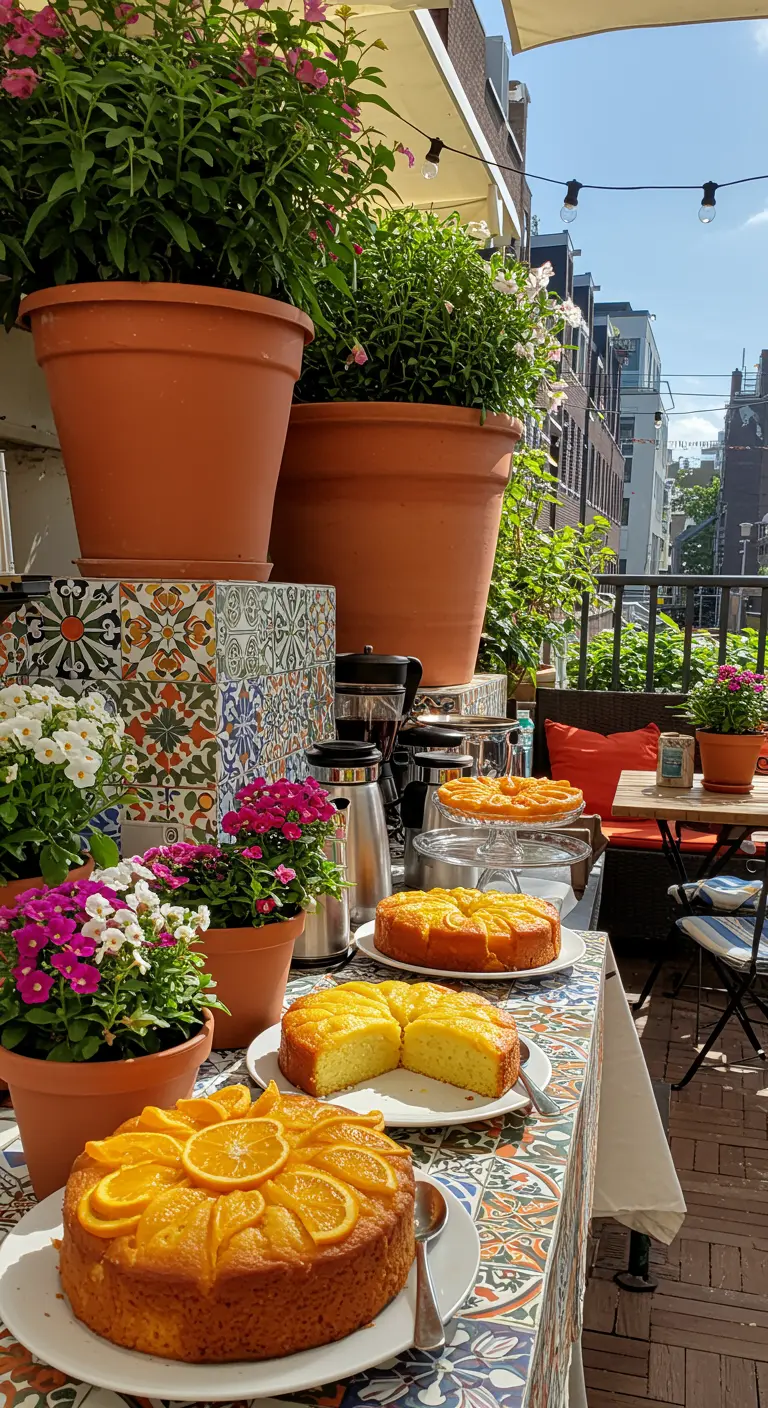 Zonnig balkon met kleurrijke tegels, planten en citruscakes.