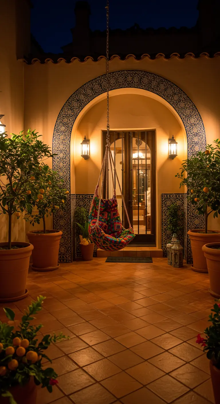 Kleurrijke hangmat-stoel op mediterrane patio met terracotta en citrusboompjes.