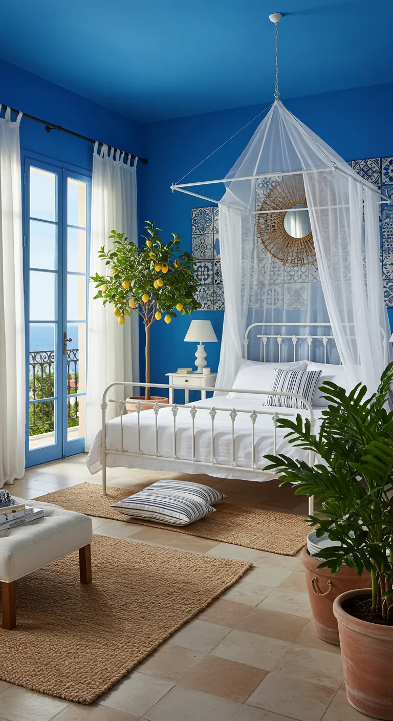 Mediterrane slaapkamer met blauwe muren, wit smeedijzeren bed en een citroenboom.