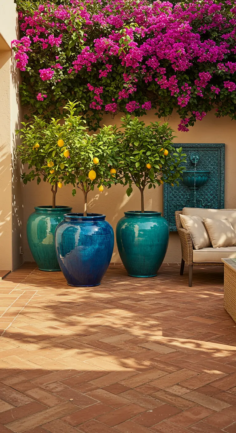 Mediterraan terras met visgraat terracotta tegels, felblauwe potten met citroenbomen en roze bougainville.