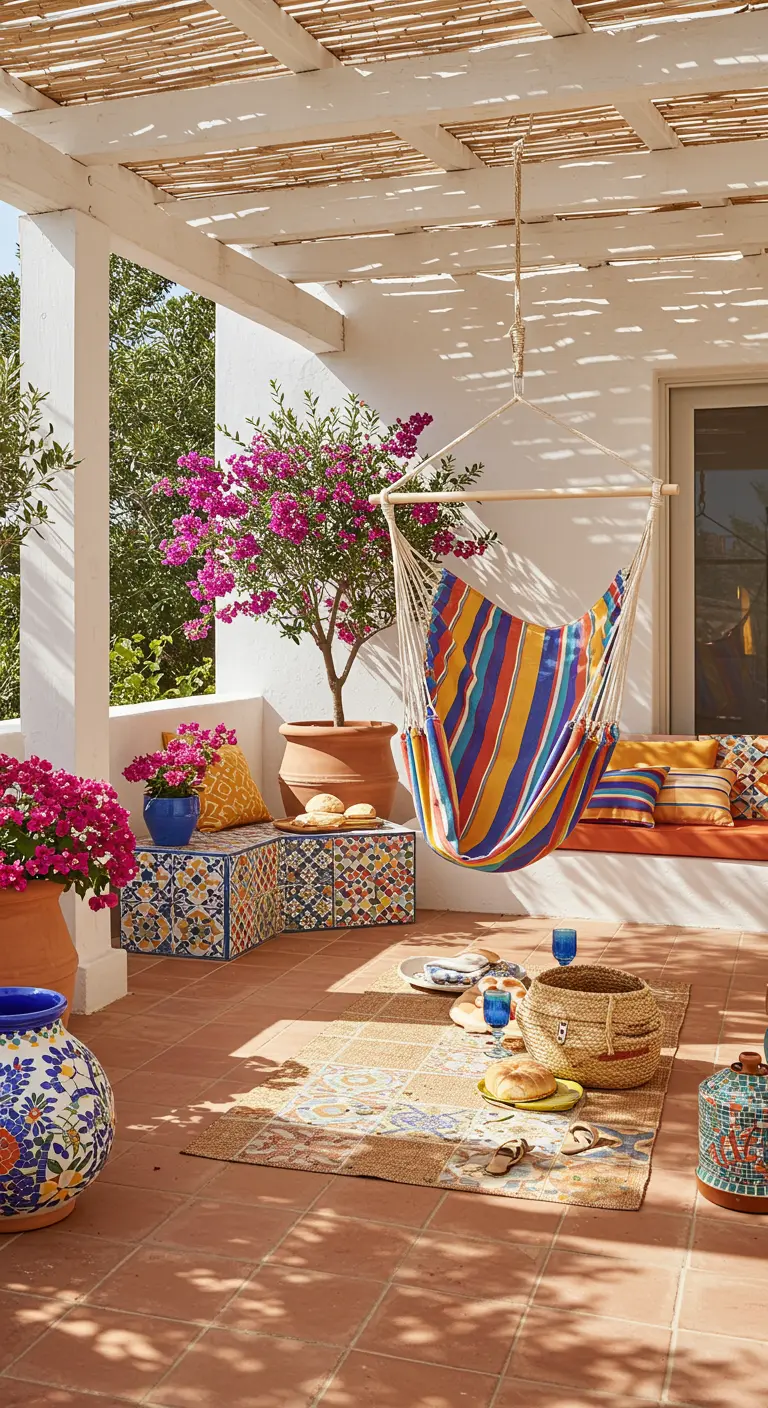 Kleurrijke gestreepte hangstoel op een mediterraan terras met mozaïekkleed en terracotta potten.
