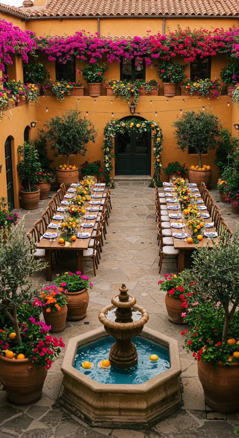 Mediterrane binnenplaats met felgekleurde bougainvillea, citrusdecoratie en fontein.