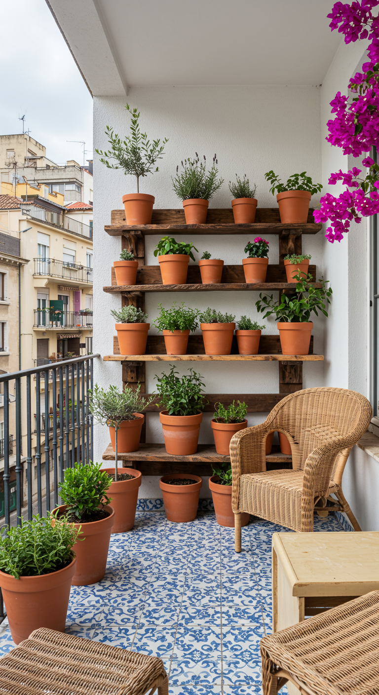 Houten wandplanken vol terracotta potten met kruiden en planten op een zonnig balkon.