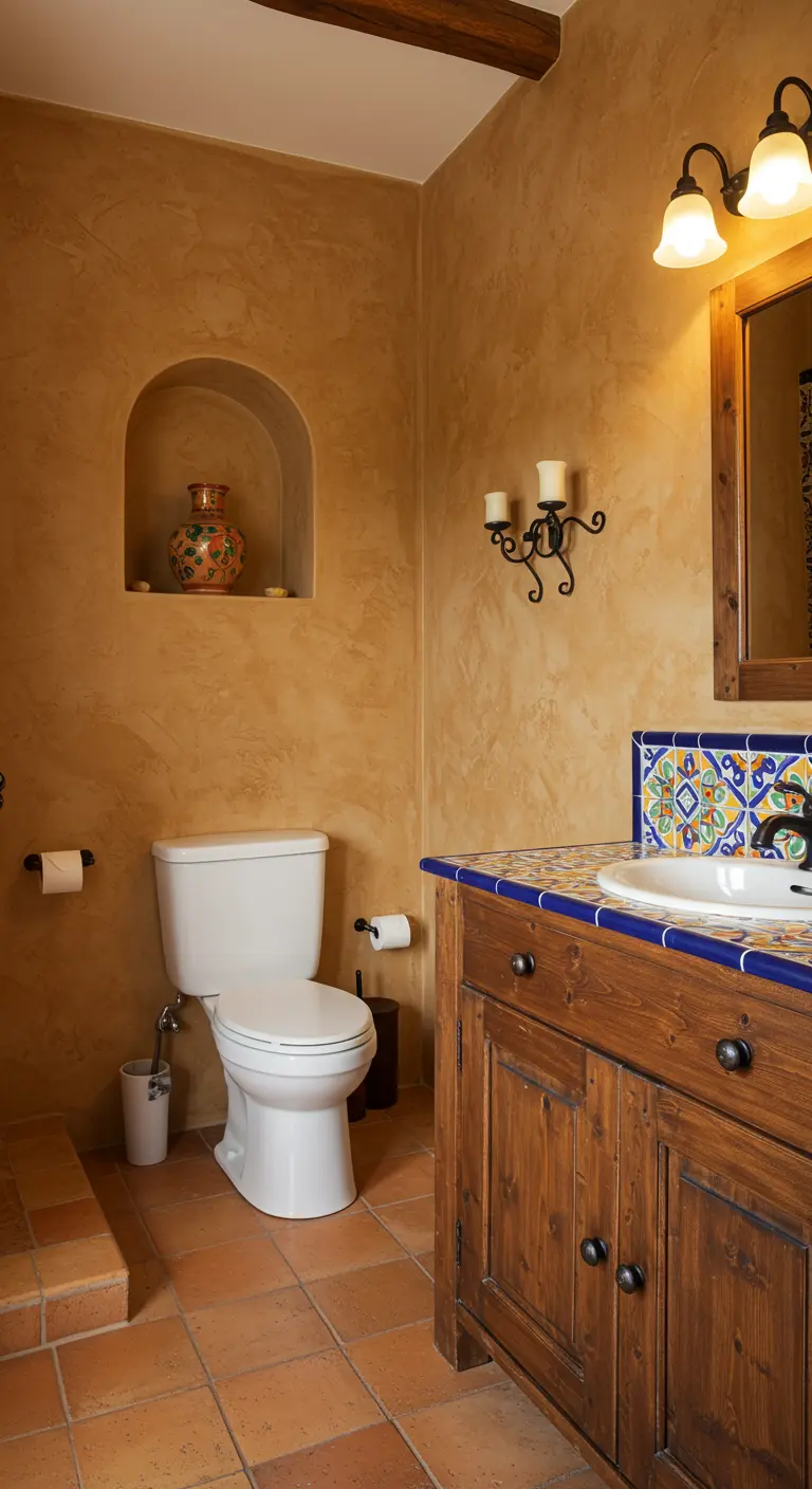 Toilet in badkamer met terracotta-kleurige muren en houten meubel.