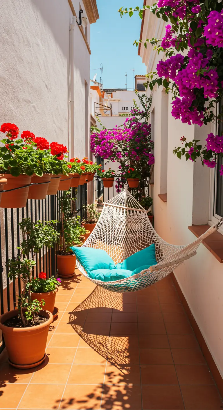 Witte net-hangmat met turquoise kussens, omringd door rode en paarse bloemen op zonnig balkon.