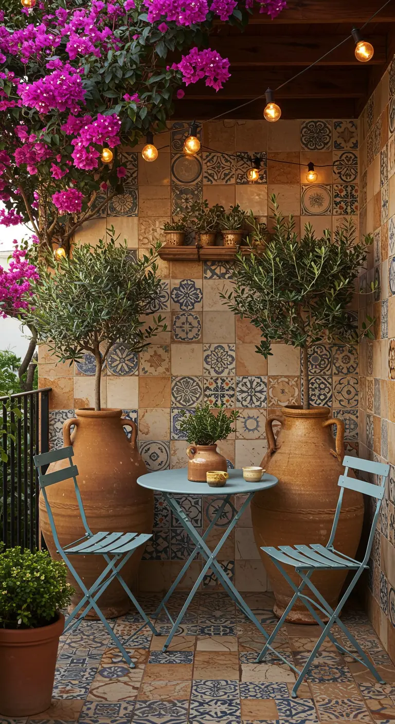 Balkon met mediterrane tegels, grote terracotta potten met olijfbomen en lichtslingers.