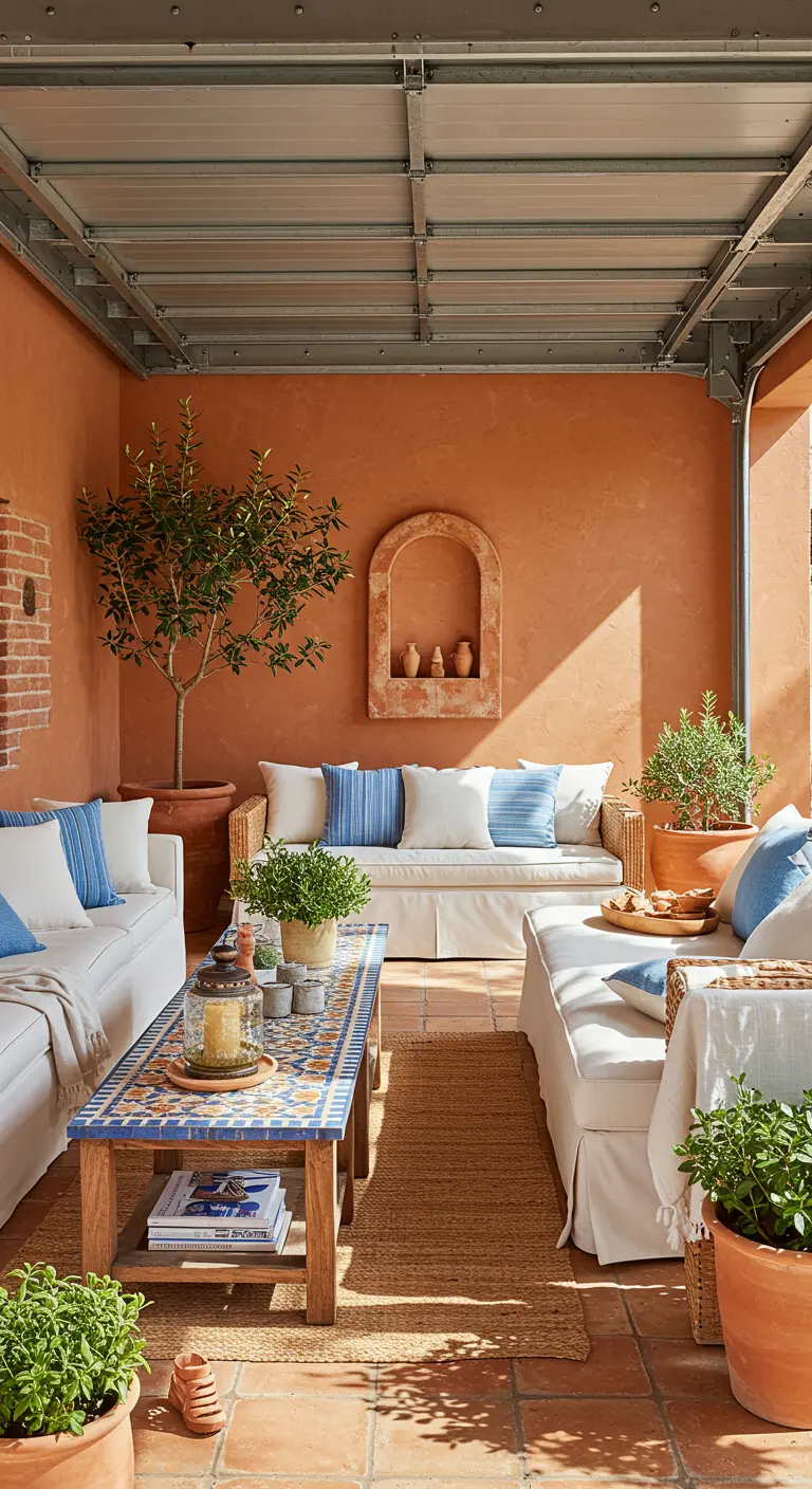 Mediterrane patio in garage met terracottamuur, witte banken en olijfbomen.